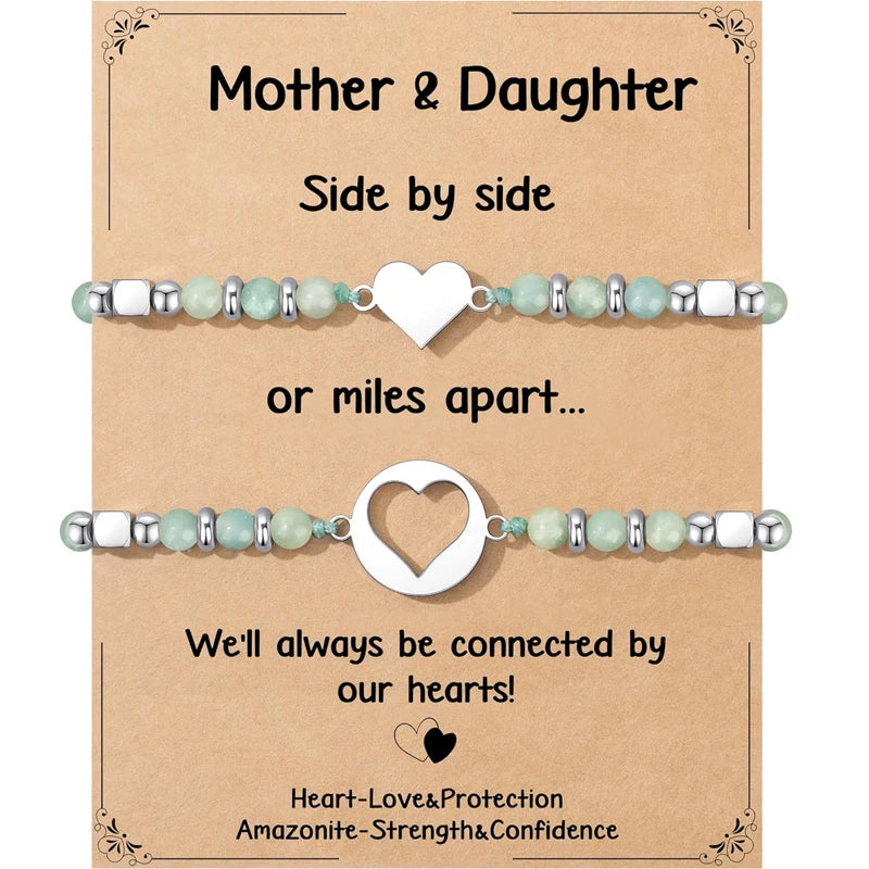 Natural Amazonite Stainless Steel Heart Mother Daughter Bracelets Set Jewelry for Women, Mothers Day Gifts for Mom/Daughter
