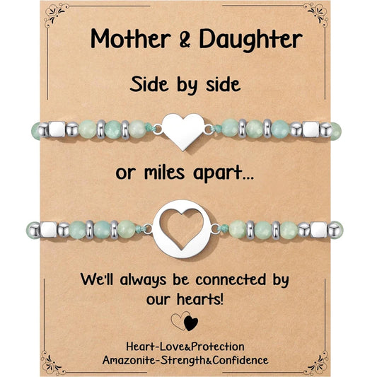 Natural Amazonite Stainless Steel Heart Mother Daughter Bracelets Set Jewelry for Women, Mothers Day Gifts for Mom/Daughter