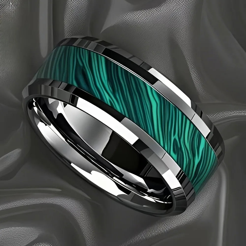 8MM Imitation of Peacock Stone Inlay Men's Stainless Steel Rings Silver Color Wedding Band Jewelry for Men Steel Ring