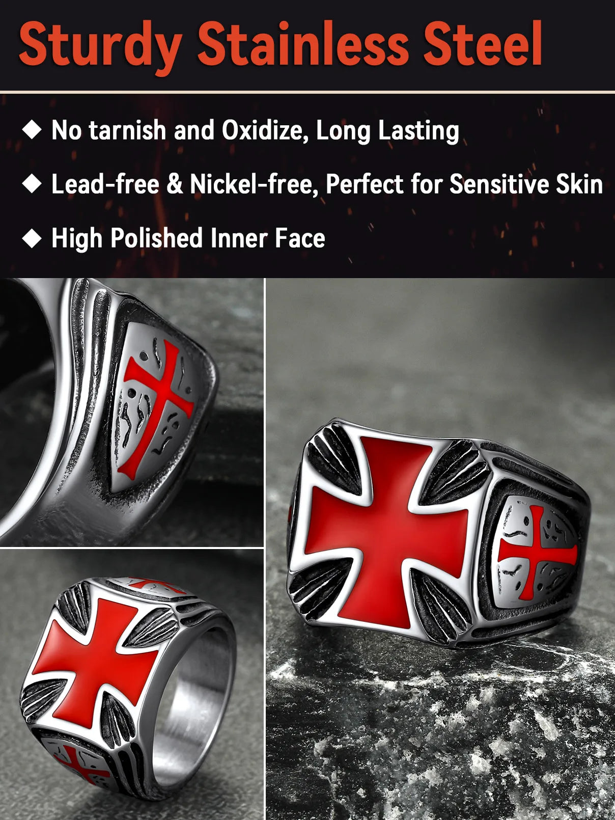 U7 Stainless Steel Square Knight Templar Rings Black Red Glaze Cross The Temple of Solomo Signet Ring Vintage Style Jewelry Gift