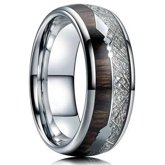 Fashion 8mm Men Silver Color Stainless Steel Arrow Rings for Men Inlaid Koa Wood Meteorite Wedding Band Jewelry Drop Shipping
