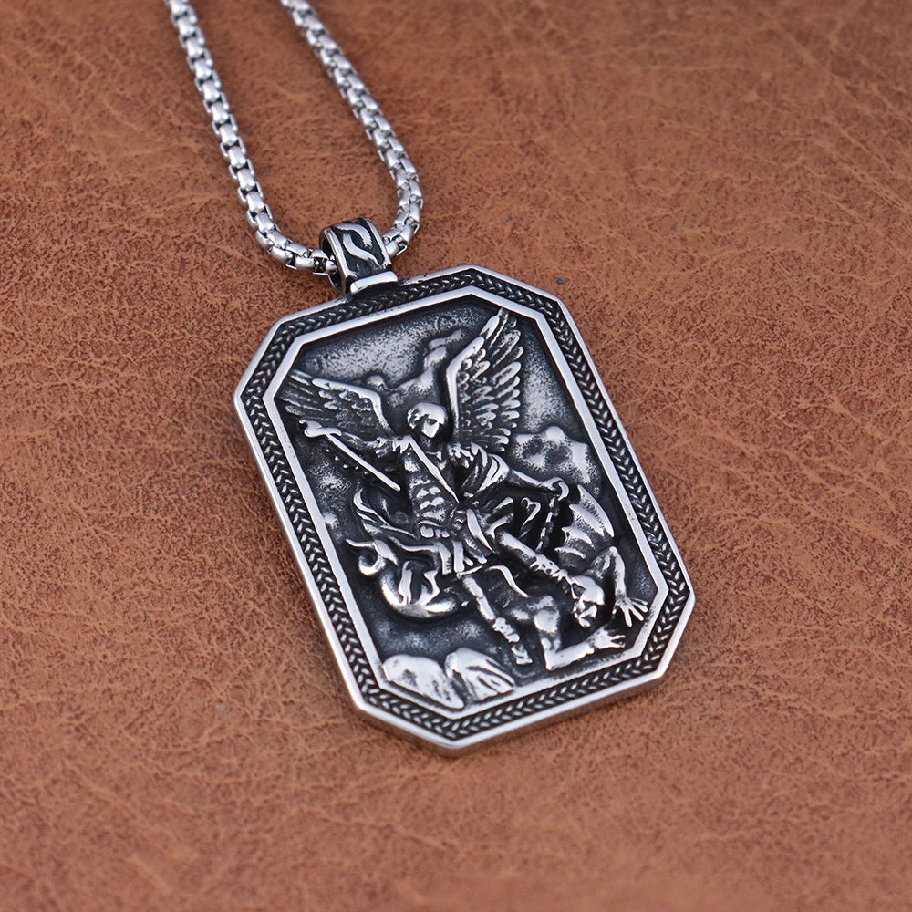 Vintage Angel St.Michael Men Pendant Stainless Steel Unique Angel Wings Shield Necklace Amulet Fashion Male Jewelry Dropshipping