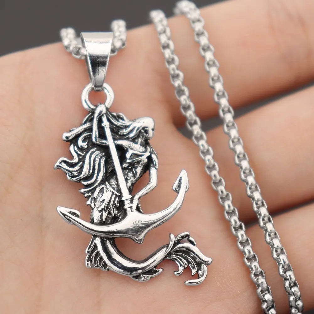 New Vintage Mermaid Anchor Pendant Charm Men's Necklace Fashion Hip Hop Punk Jewelry Accessories Party Gift Wholesale