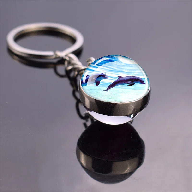 Blue Sea Keychain Marine Organisms Cute Key Chain Double Sided Glass Ball Pendant Dolphins Turtles Starfish Keyring Jewelry Gift As show 3