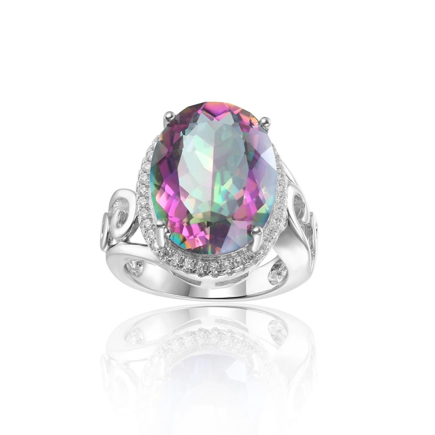 GEM&#39;S BALLET 9.10Carat 12x16mm Oval Rainbow Mystic Topaz Birthstone Cocktail Rings in 925 Sterling Silver For Women Jewelry Rainbow|925 Sterling Silver