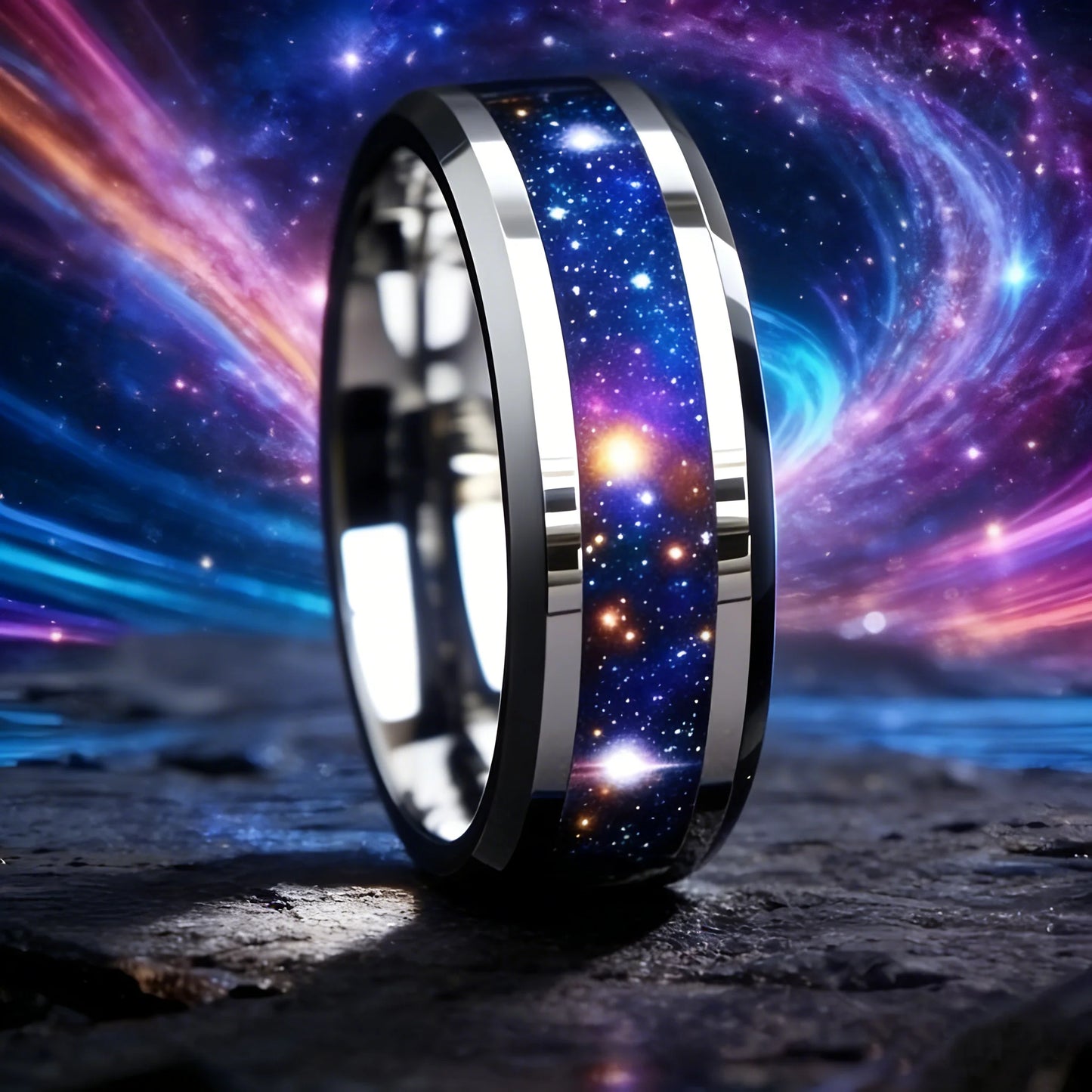 With Orion Nebula Opal Galaxy Starry Sky Design Ring Fashion 8mm Silver Color Men Stainless Steel Rings for Men Wedding Jewelry
