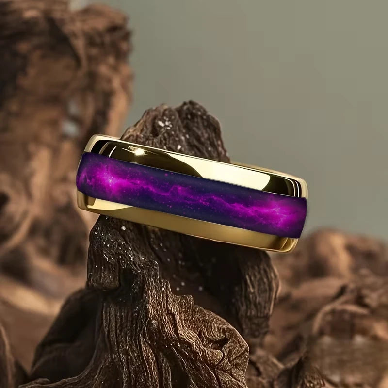 Fashion Dynamic Color Green Gradient Nebula Rings, 8mm Cosmic Starry Sky Stainless Steel Men Ring, Wedding Band Jewelry