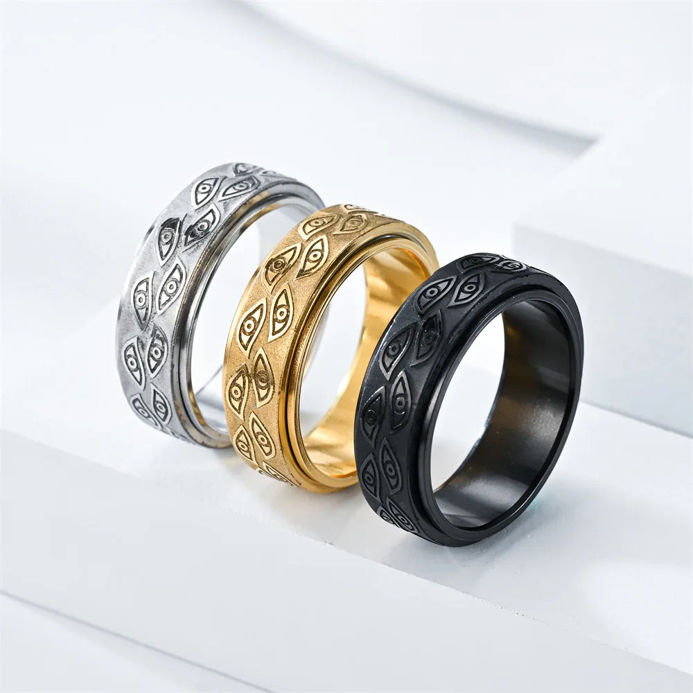 Stainless Steel Spinner Rings For Men Carved Demon Eye Rotatable Fidget Joint Ring Jewelry Bague Homme
