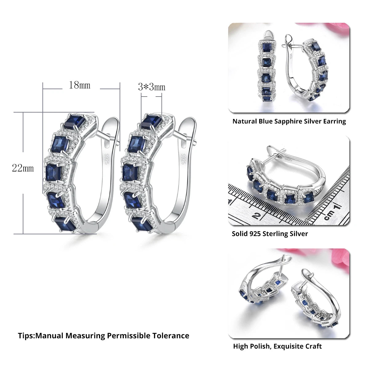 Natural Blue Sapphire Solid Sterling Silver Clip Earrings 2.2 Carats Genuine Precious Gemstone Gorgerous Design Fine Jewelrys