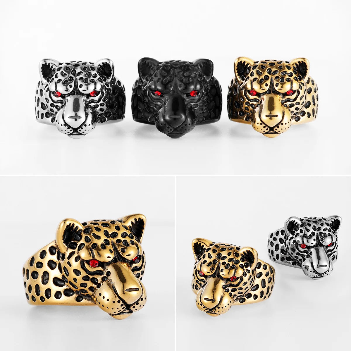 Leopard Ring Stainless Steel Men Jaguar Rings Wild Animal Punk Rock for Male Party Jewelry Halloween Accessories