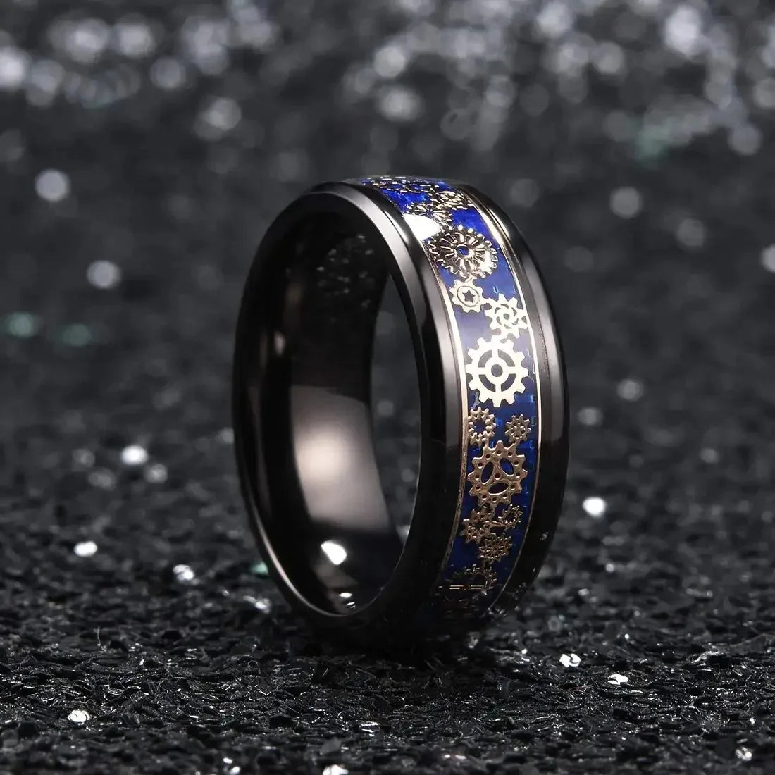 Fashion Steampunk Men Stainless Steel Gear Wheel Rings Inlay Blue Carbon Fiber Rings For Men Punk Wedding Jewelry Drop shipping