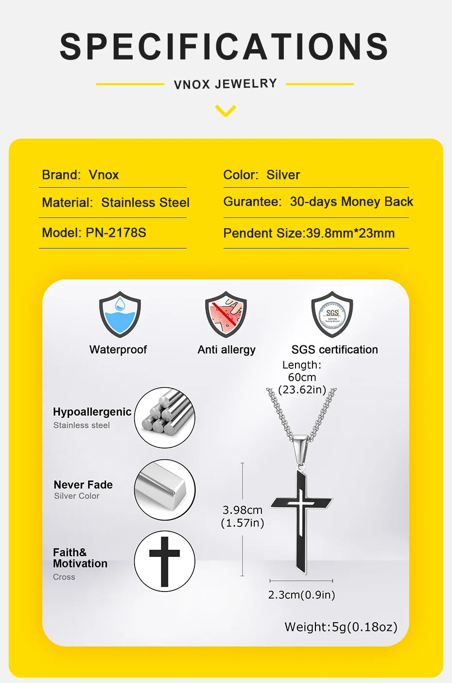 Vnox Simple Cross Pendant Necklace for Men Boys, Trendy Stainless Steel Box Chain Necklaces, Religious Talisman Anniversary Gift