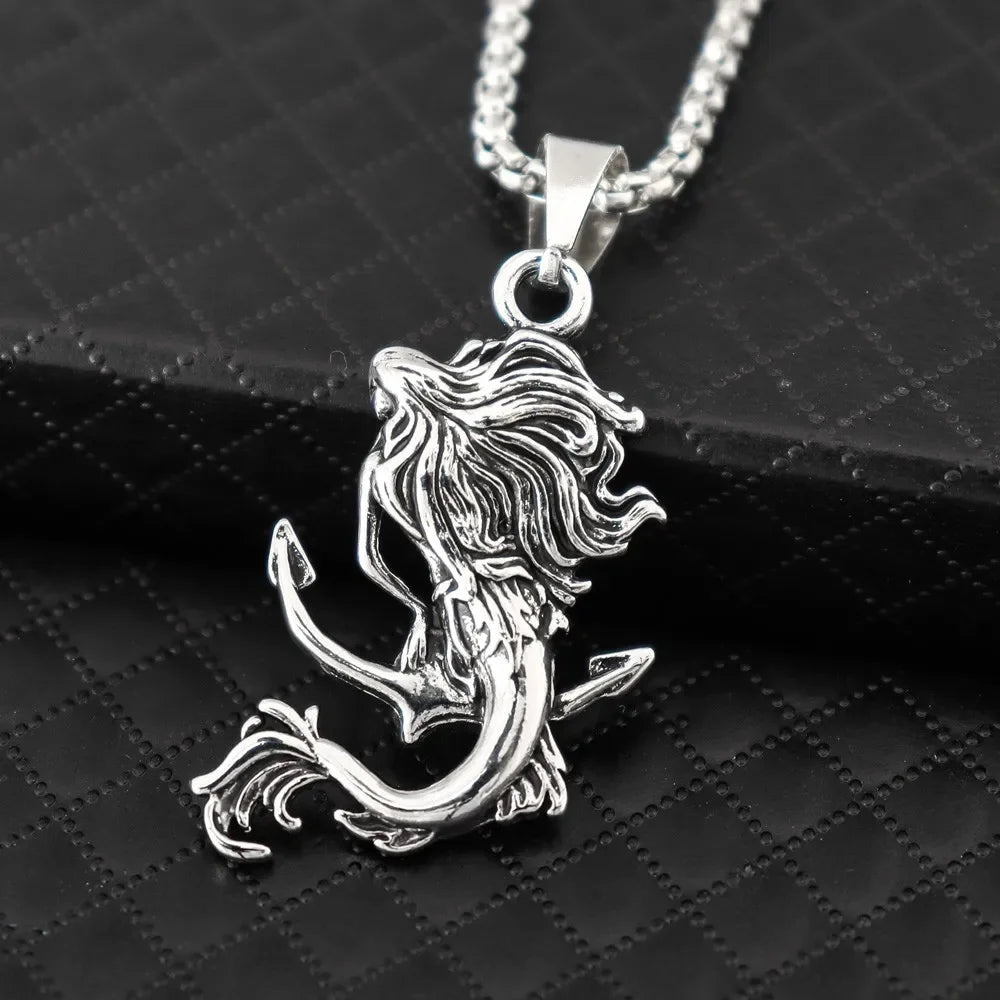 New Vintage Mermaid Anchor Pendant Charm Men's Necklace Fashion Hip Hop Punk Jewelry Accessories Party Gift Wholesale