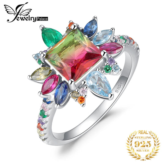 JewelryPalace New Arrival 4.6ct Nano Simulated Watermelon Tourmaline Created Ruby 925 Sterling Silver Halo Ring for Woman Girl CHINA