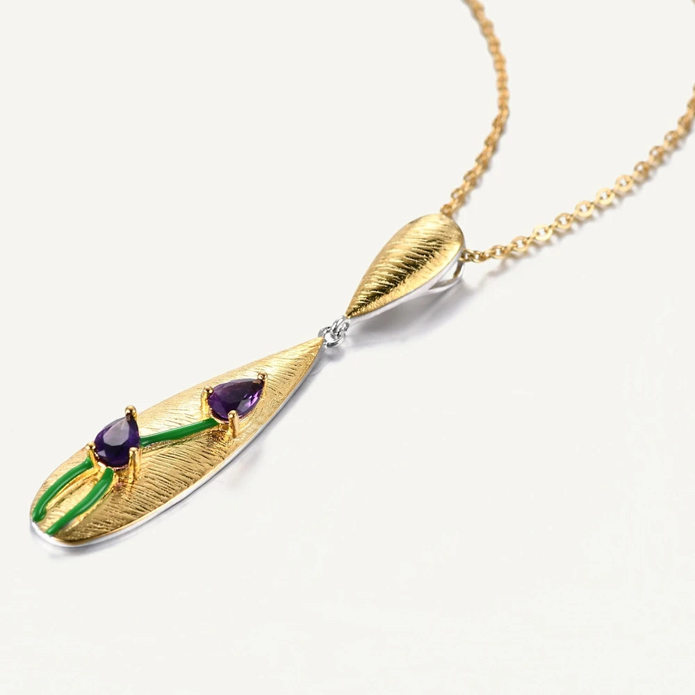 GEM'S BEAUTY Tulips Flower 925 Sterling Silver Vintage Pendant Chain Necklace For Women Enamel Original Design Fine Jewelry