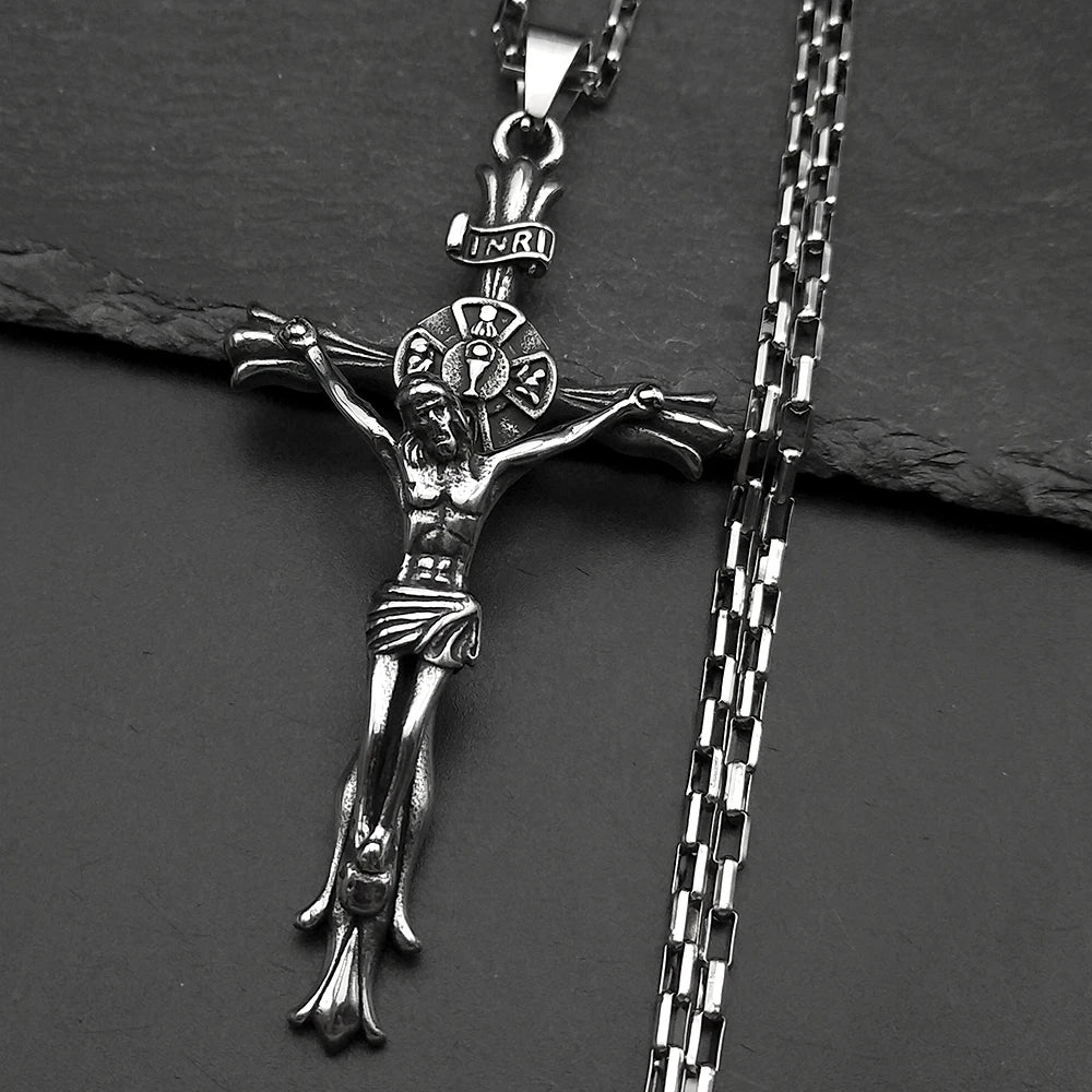 Christ Jesus Crucifix INRI Cross Big Pendant Necklace for Men Stainless Silver Color Hip Hop Chain Necklaces Amulet Jewelry