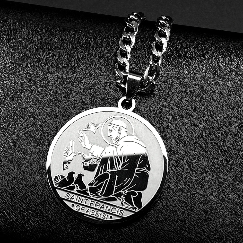 SAINT FRANCIS OF ASSISI PROTECTOR OF ANIMALS Pendant Necklace for Women Men Stainless Steel Christian Medal Chain Jewelry Gift