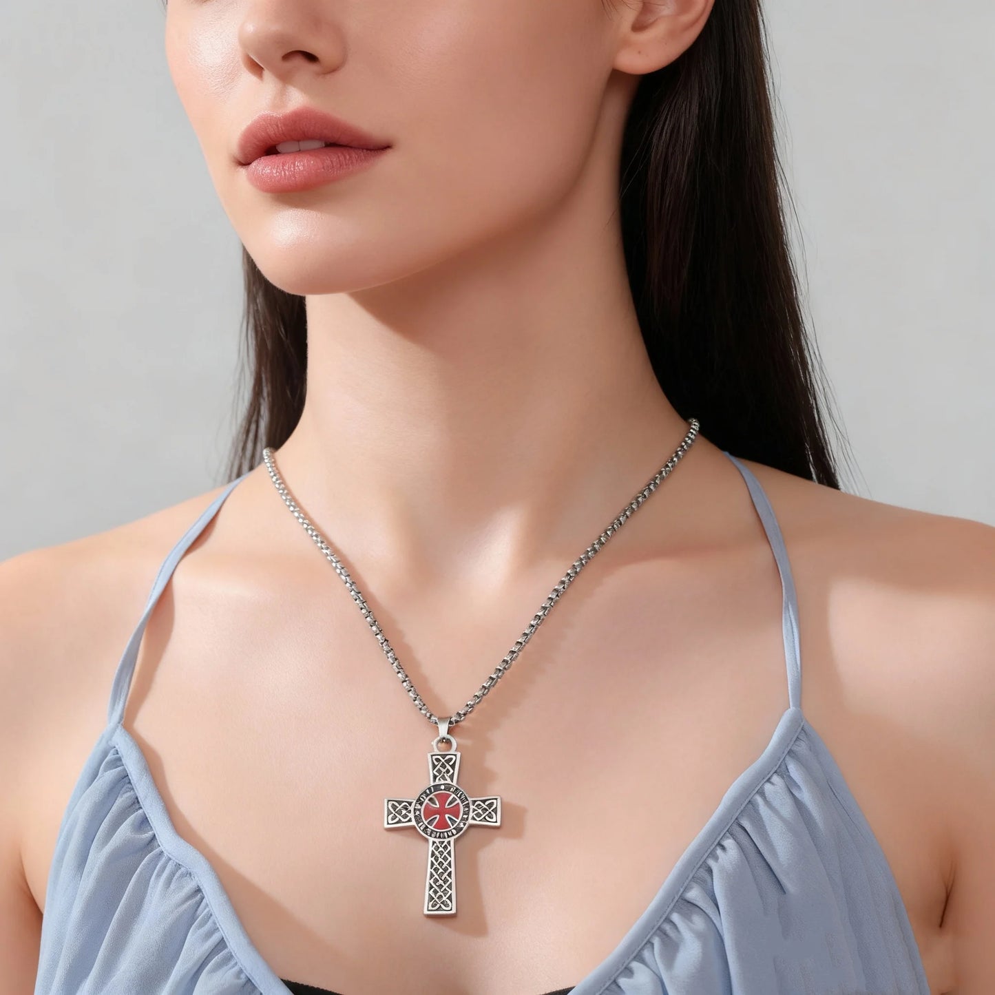 LIKGREAT Christian Cross Necklace Red Cross Templar Symbol for Men Women Vintage Religious Prayer Stainless Steel Jewelry Gift