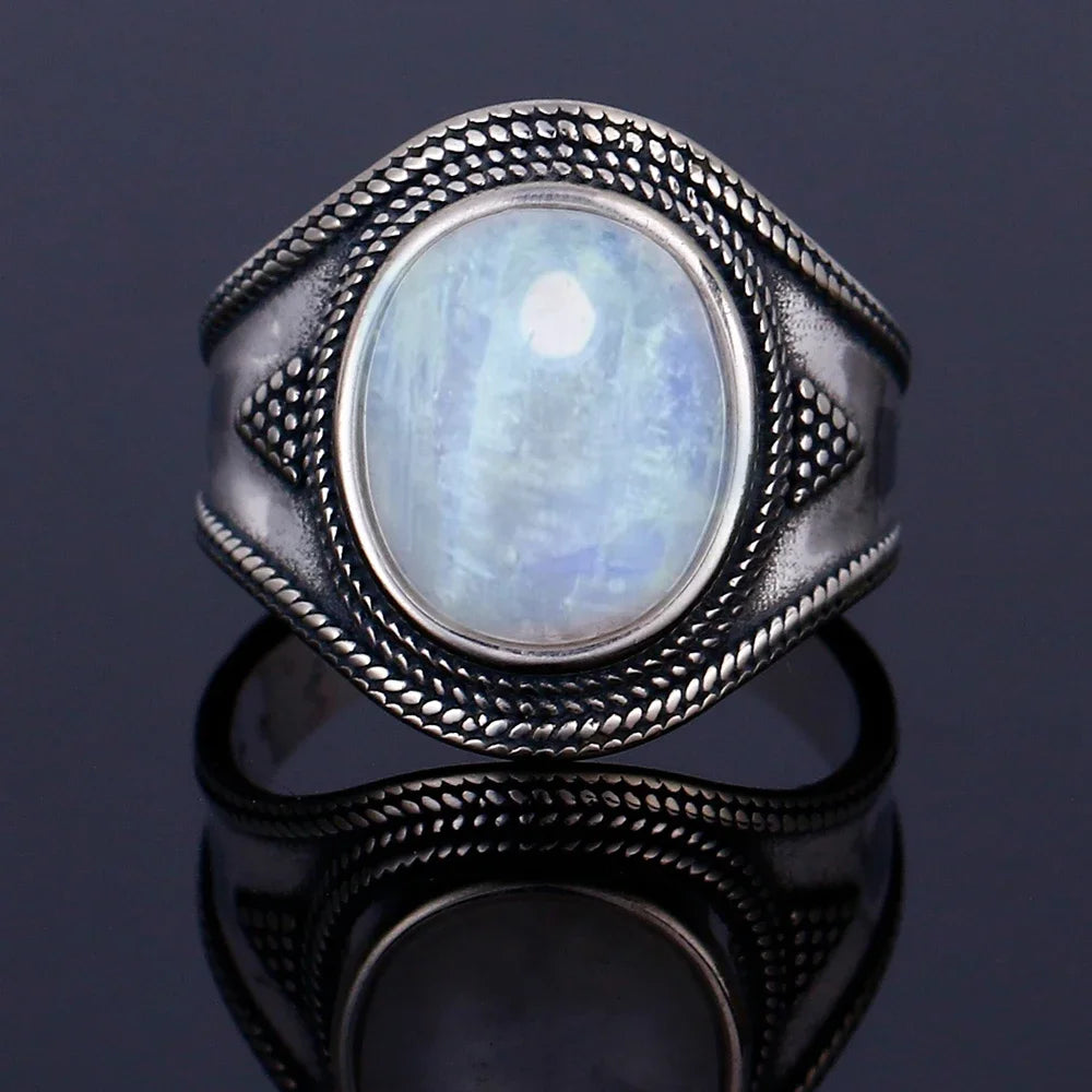 Round Oval Big Natural Moonstones Rings Women's 925 Sterling Silver Rings Gifts Vintage Fine Jewelry R322MS-5