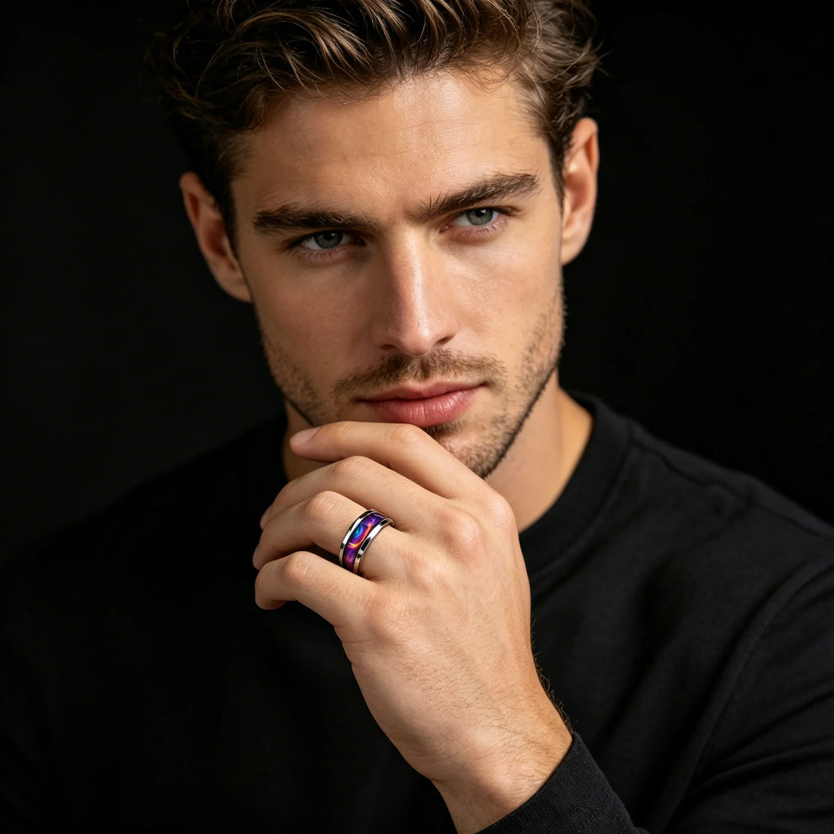 Fashion Men Stainless Steel Rings, With Purple-Blue Gradient Flame Pattern Inlay Rings for Men Wedding Bands Jewelry Drop Ship