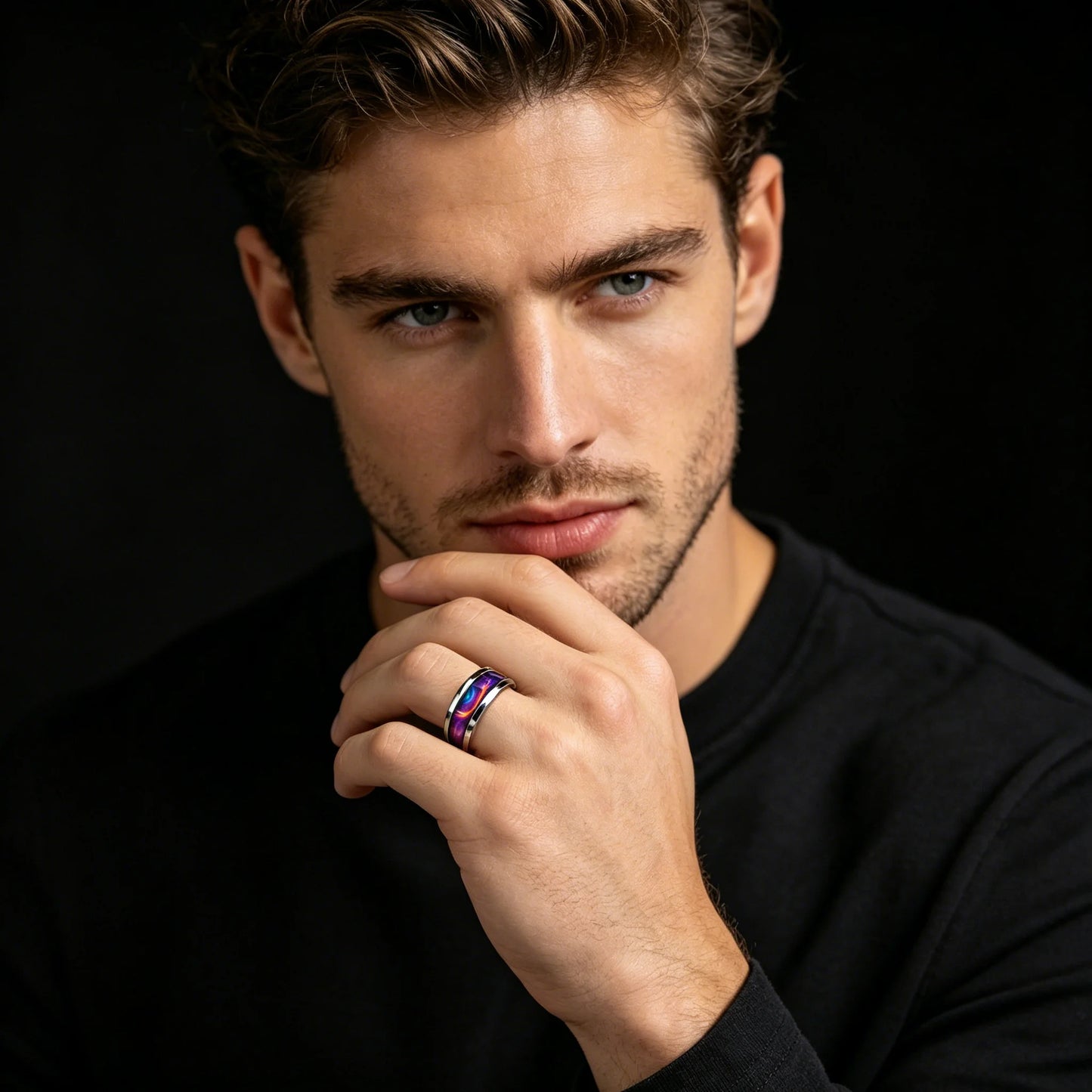 Fashion Men Stainless Steel Rings, With Purple-Blue Gradient Flame Pattern Inlay Rings for Men Wedding Bands Jewelry Drop Ship