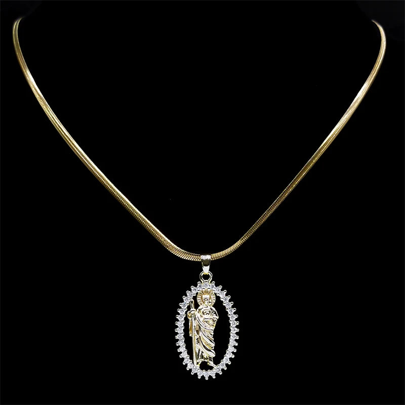 Saint St. Jude Thaddeus Zircon Shiny Necklace for Women Men Stainless Steel Gold Color San Judas Tadeo Necklaces Jewelry NGG43-4