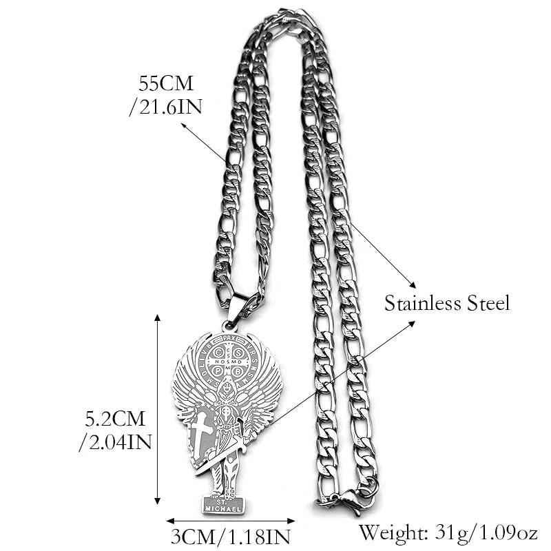 Archangel Saint Michael Stainless Steel Cross Necklace for Women Men Gold Color Benedict Pendant Necklaces Amulet Jewelry