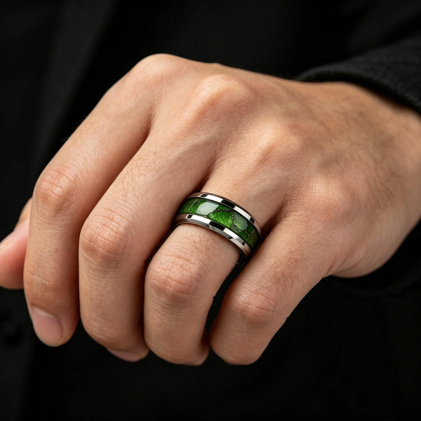 Fashion Men's Stainless Steel Rings Artificial Green Agate Stone Inlay Jewelry Suitable for Daily Wear, Gift for Him Non-Fade