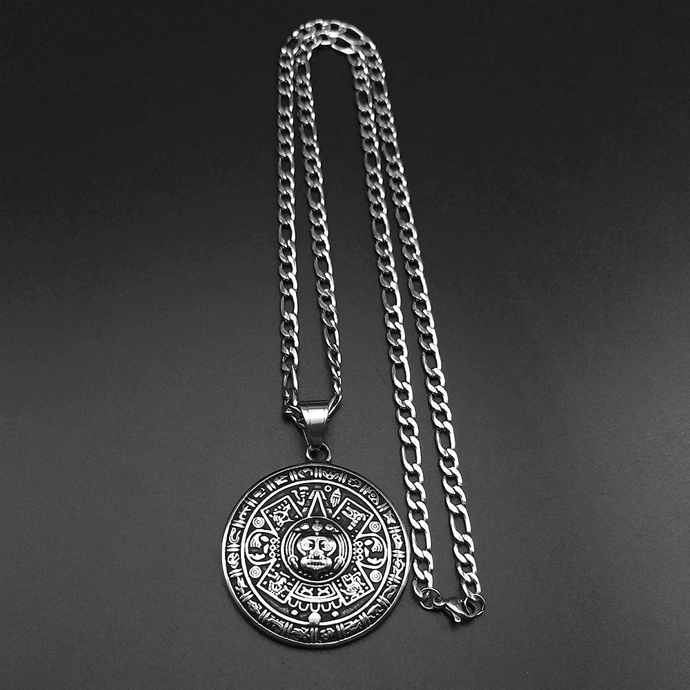 Vintage Mayan Symbol Pendant Necklace For Men Women Stainless Steel Black Ethnic Style Faith Amulet Chain Jewelry Accessories