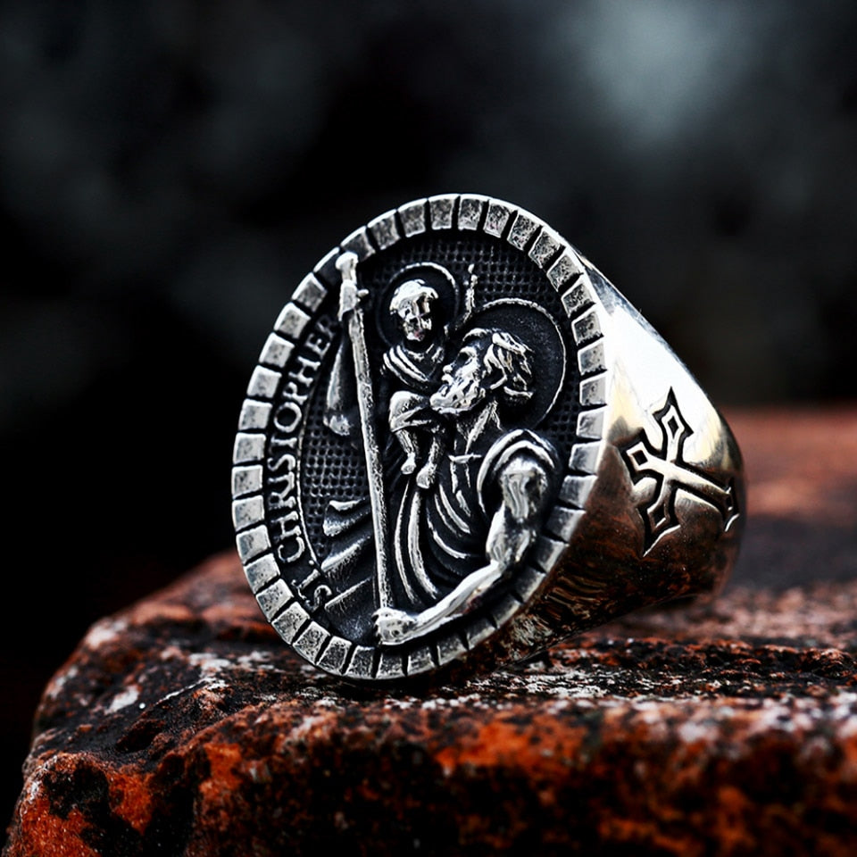 New Vintage St Christopher Cross Fingers Ring For Men 316L Stainless Steel Punk Biker Fashion Renaissance Jewelry Gift