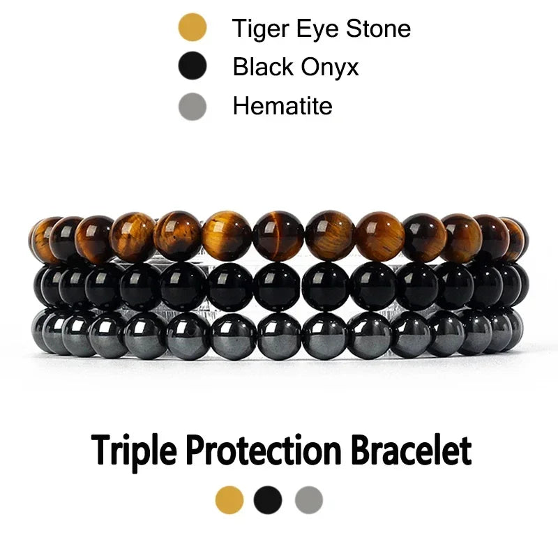 kirykle Natural Stone Bracelet Sets 3Pcs/set Obsidian Hematite Tiger Eye Beads Bracelets Men for Health Protection Soul Jewelry