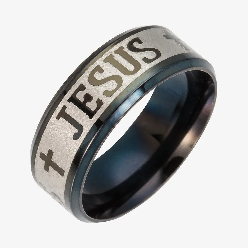 Stainless Steel Black Color Jesus Cross Letter Bible Prayer Finger Rings For Men 8mm Amulet Jewelry