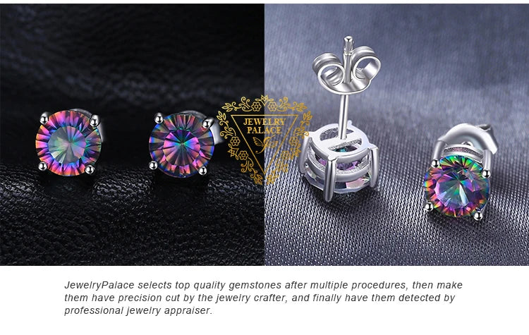 JewelryPalace Round Genuine Rainbow Mystic Quartz 925 Sterling Silver Stud Earrings  Women Fashion Statement Gemstone  Jewelry