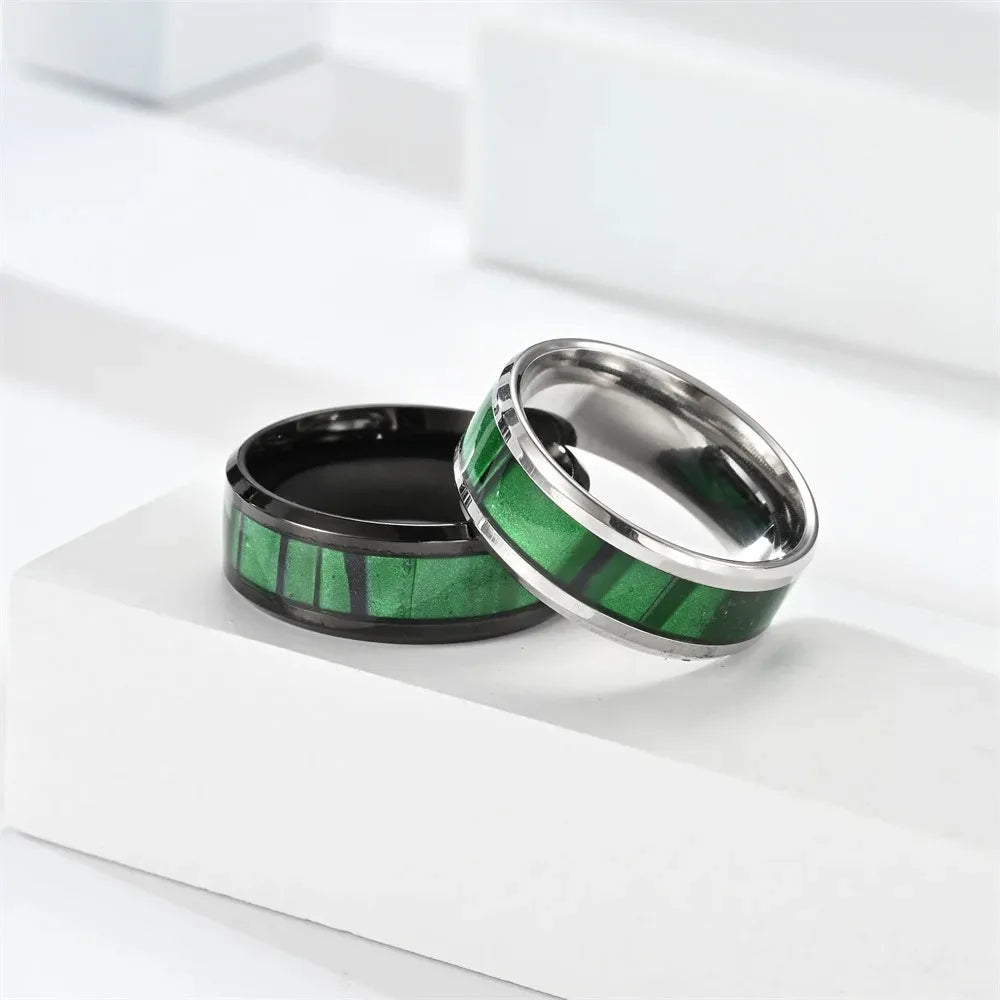 Fashion 8mm Titanium Stainless Steel Rings for Men Women High Polished Inlay Green Shell Men Promise Rings Wedding Party Jewelry