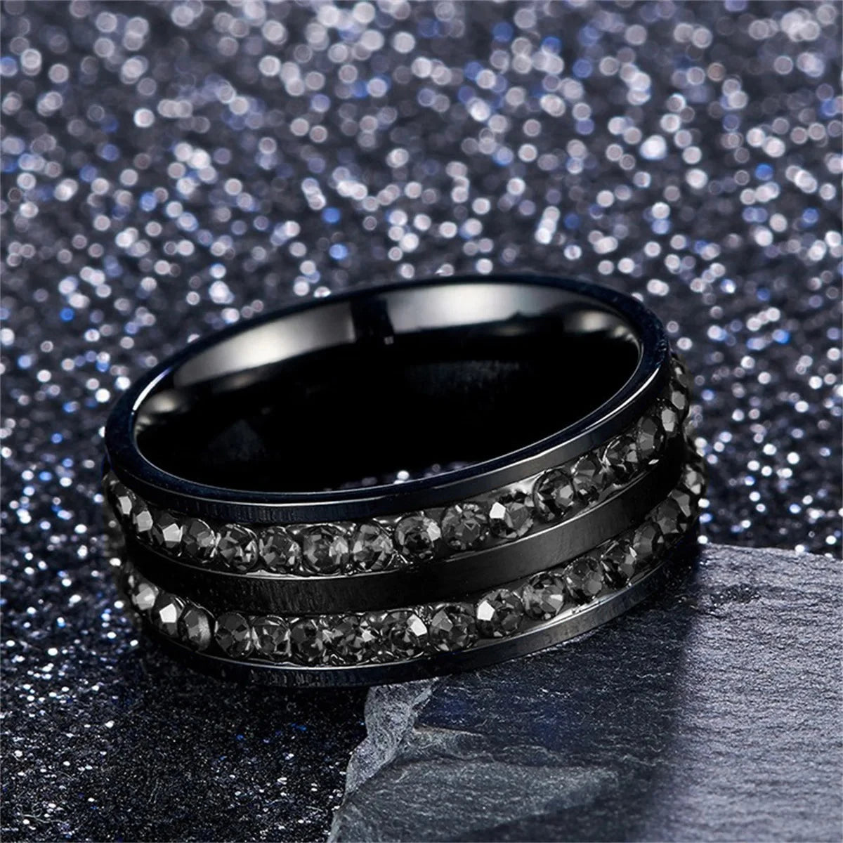 Fashion 8mm Double Row Rhinestone Stainless Steel Rings For Men Women Luxury Micro Paved CZ Crystal Rings Wedding Band Jewelry