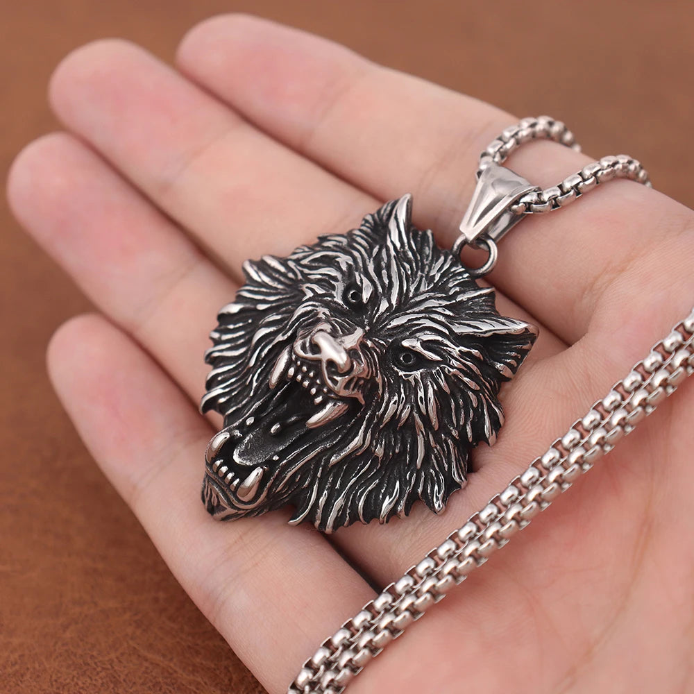 Fashion Charm Viking Wolf Head Pendant Trendy Men's 316L Stainless-Steel Animal Necklace Punk Rock Jewelry Accessories
