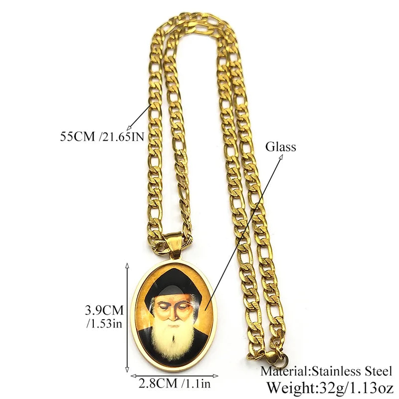 Orthodox Church Saint Charbel Glass Medal Pendant Necklace for Women Men Stainless Steel Gold Color Amulet Protection Jewelry