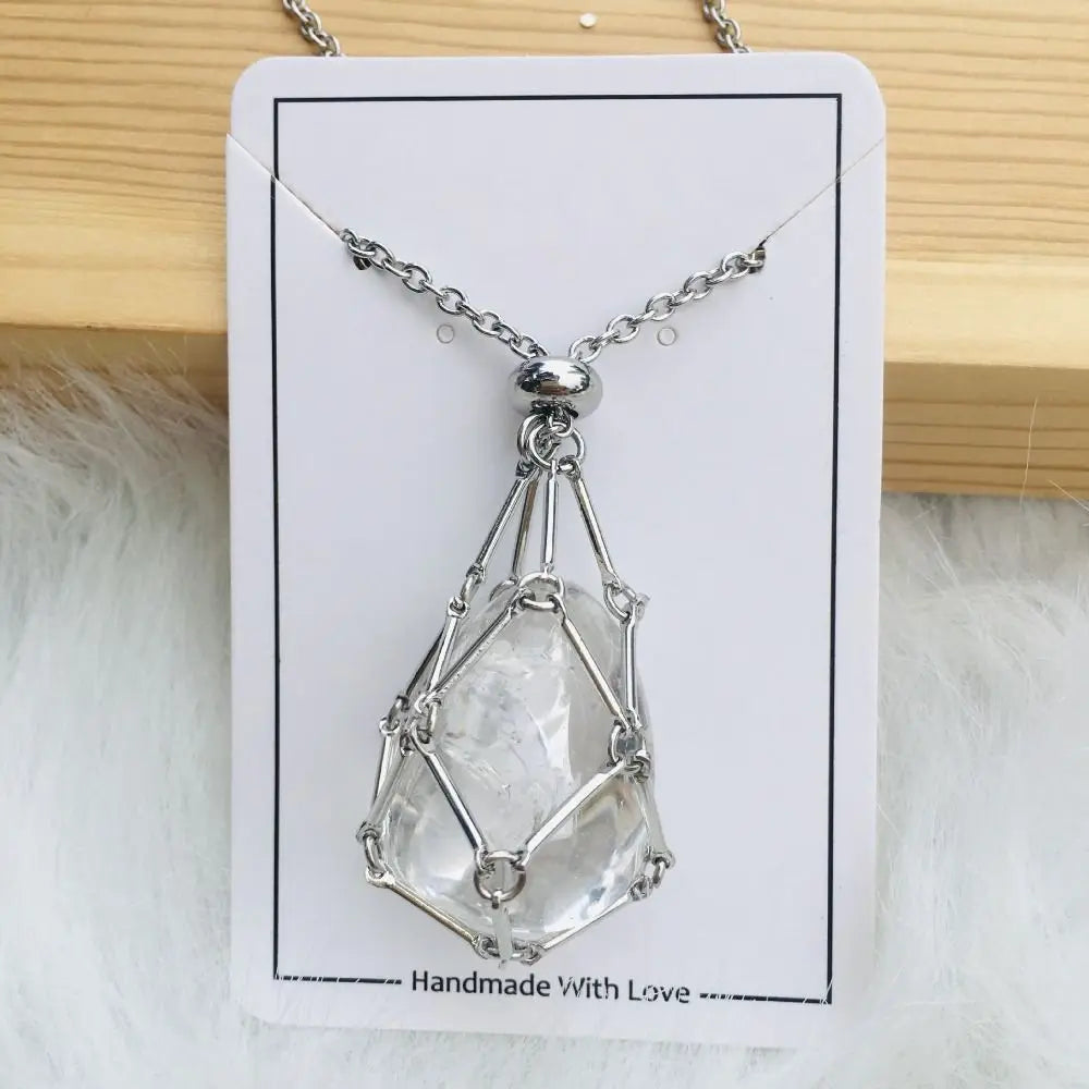 Crystal Holder Cage Necklace with Crystal Stone Interchangeable Adjustable Crystal Net Metal Necklace for Women Silver White Crystal