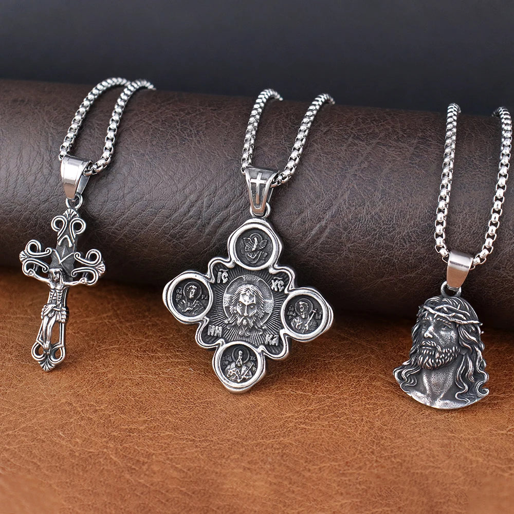Classic Jesus Cross Series Stainless Steel Necklaces for Men Women Vintage Belief Powerful Amulet Pendant Jewelry Gift