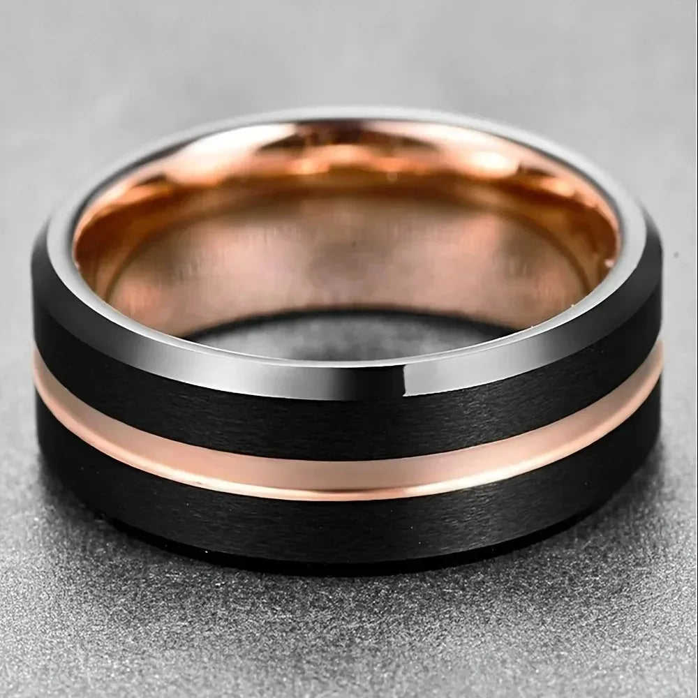 Trendy 8mm Men Stainless Steel Rings Black Brushed Gold Color Groove Beveled Edge Engagement Ring Men Wedding Jewelry Wholesale