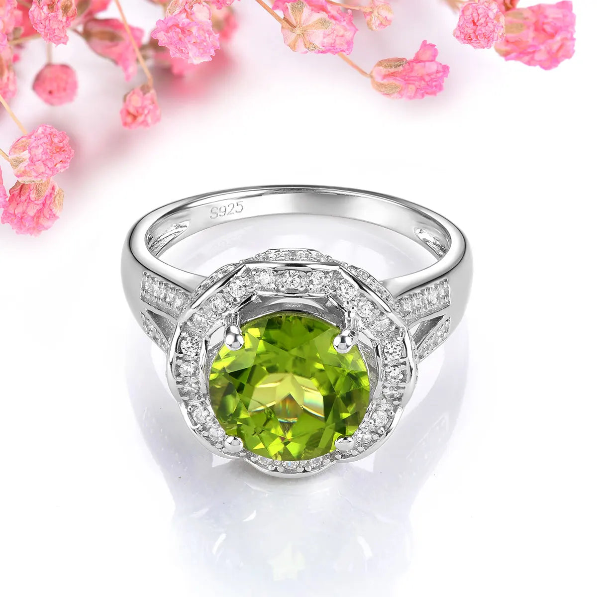 Natural Peridot Sterling Silver Ring 3.2 Carats Genuine Gemstone Women Classic Flower Design S925 Rhodium Plated Anniversary