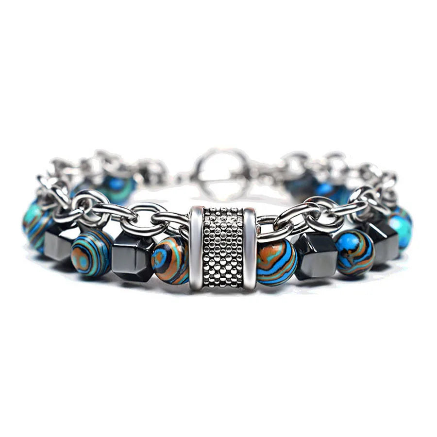 Elviragirl 1Pc Stainless Steel Chain Artificial Malachite Stone Men's Bead Bracelet Natural Stone Bracelet
