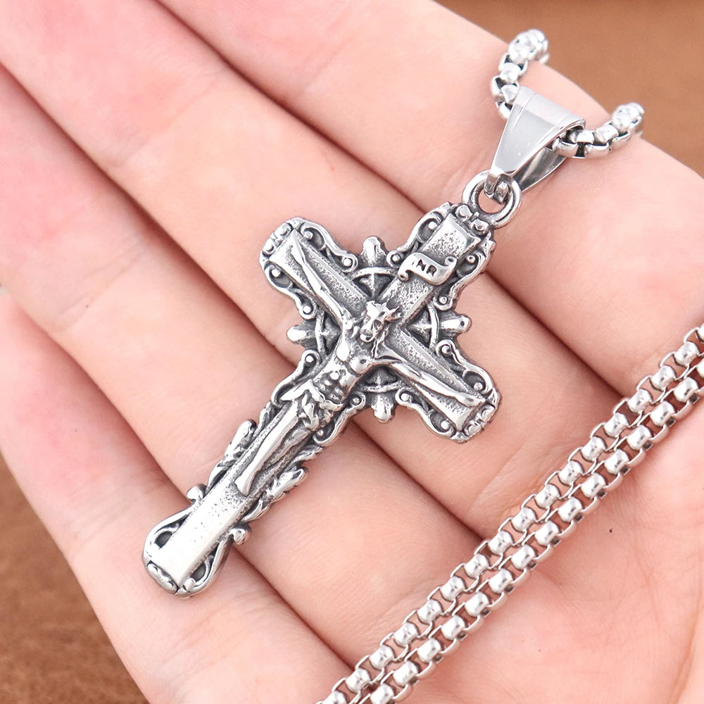 Vintage Stainless Steel Jesus Cross Necklace Men's Classic Religious Believer INRI Cross Pendant Jewelry Creative Gift