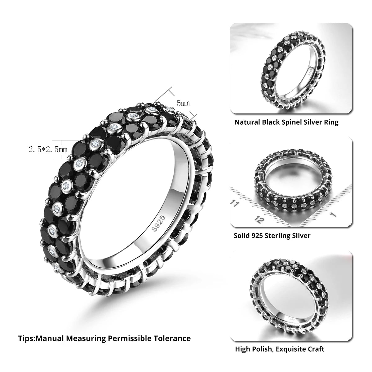 Natural Black Spinel Silver Rings 5.5 Carats Genuine Spinel Classic Fine Jewelry Unisex Style S925 Band Gifts for Birthday