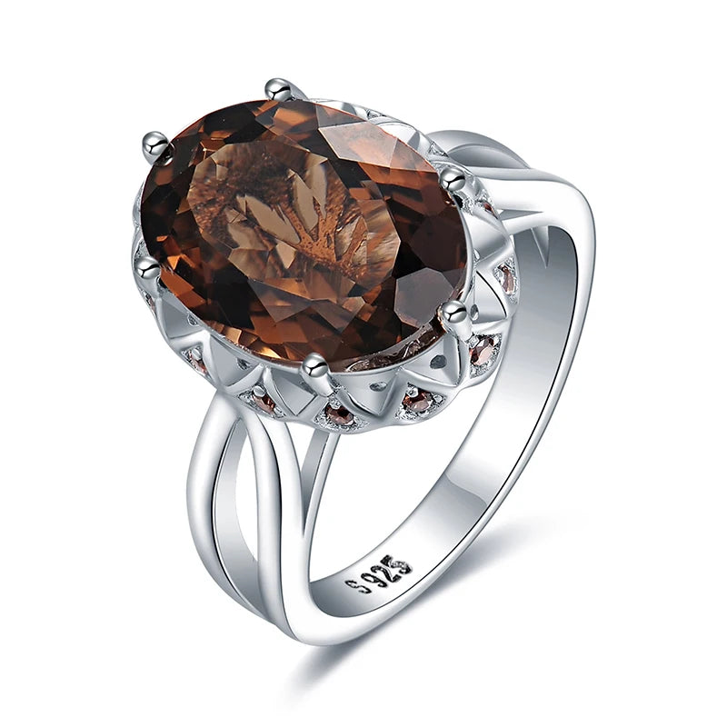 JewelryPalace Large 5.7ct Genuine Oval Smoky Quartz 925 Sterling Silver Big Gemstone Cocktail Statement Rings for Women Jewelry