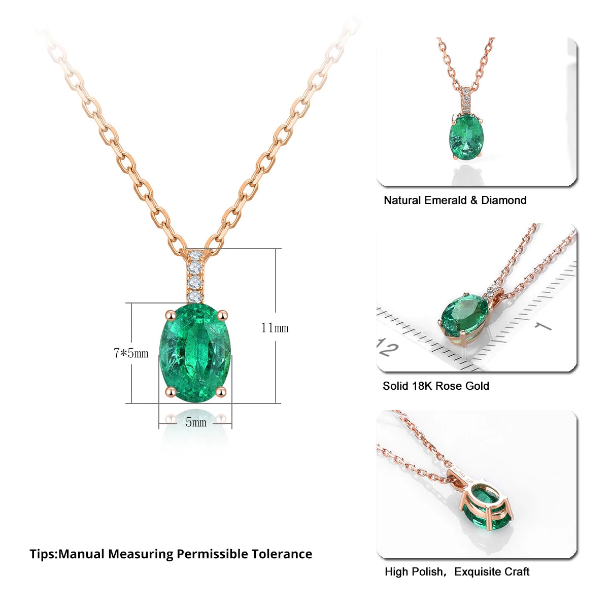 LP Solid 18K Rose Gold Pendant 0.82 Carats Natural Emerald & 0.028 Carats Diamond Necklace Classic Style with Silver Chain