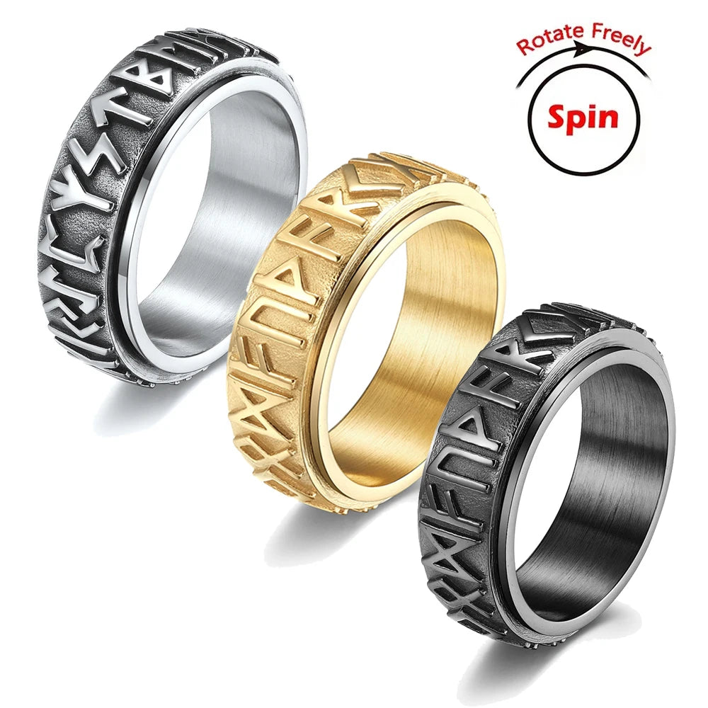 Vintage Odin Norse Viking Rune Rings For Men Women Viking Stainless Steel Spinner Fidgets Ring Retro Rock Party Jewelry Gift
