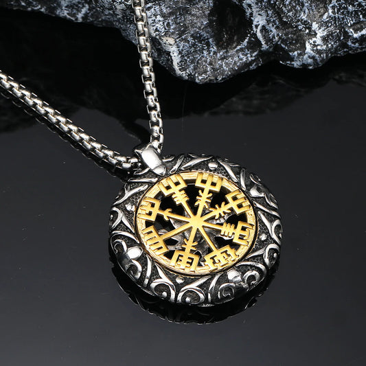 Fashion accessories Retro pendant hollow compass stainless steel European and American men's Viking necklace
