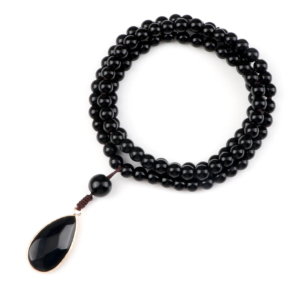 Shiny Black Onyx Natural Stone Beaded Necklaces&Bracelet Men 108 Japamala Pandent Prayer Necklace Handmade Women Healing Jewelry