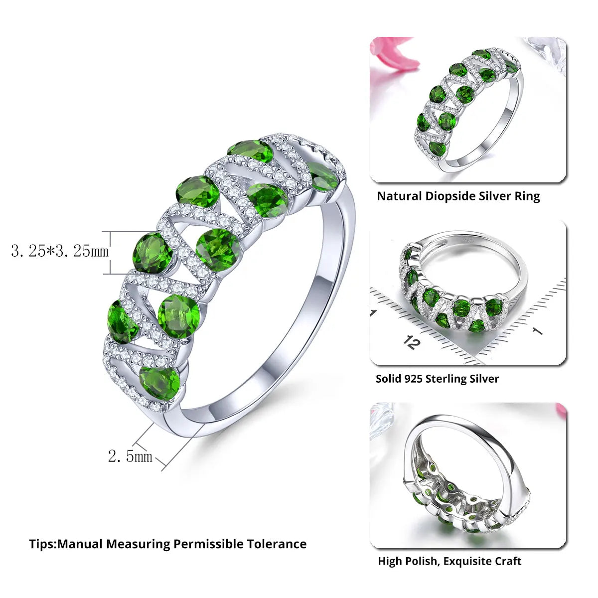 Natural Chrome Diopside Solid Sterling Silver Rings 1.5 Carats Gemstone Women Romantic Elegant S925 Fine Jewelrys Daily Style